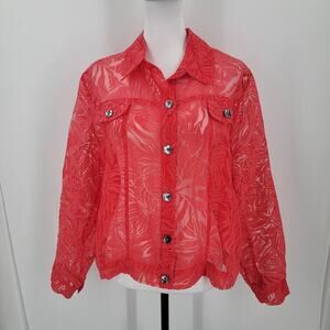 Choices Blouse Womens XL Coral Orange Sheer Burnout Button Up Top